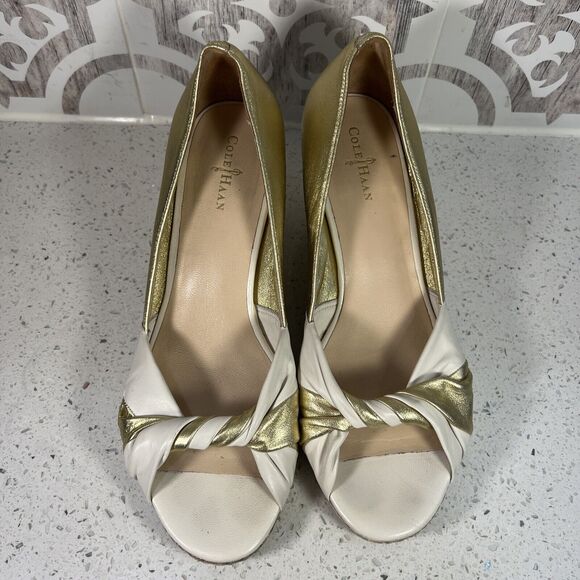 COLE HAAN AIR ESPADRILLE LEATHER WEDGES OPEN TOE SHOES WOMAN SZ 8.5B GOLD - Picture 2 of 7
